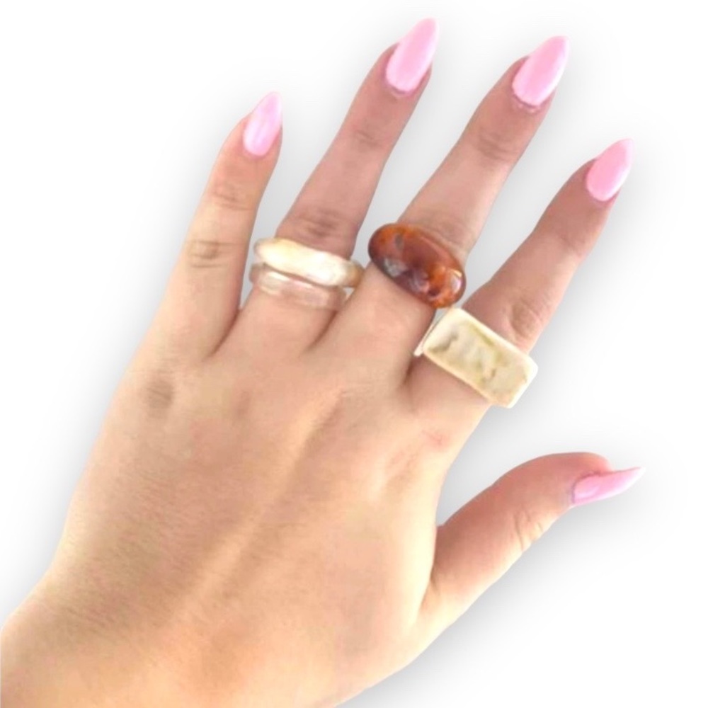 New Chunky Brown & Cream Coastal Boho Beach Collection Resin Handmade 4 Ring Set